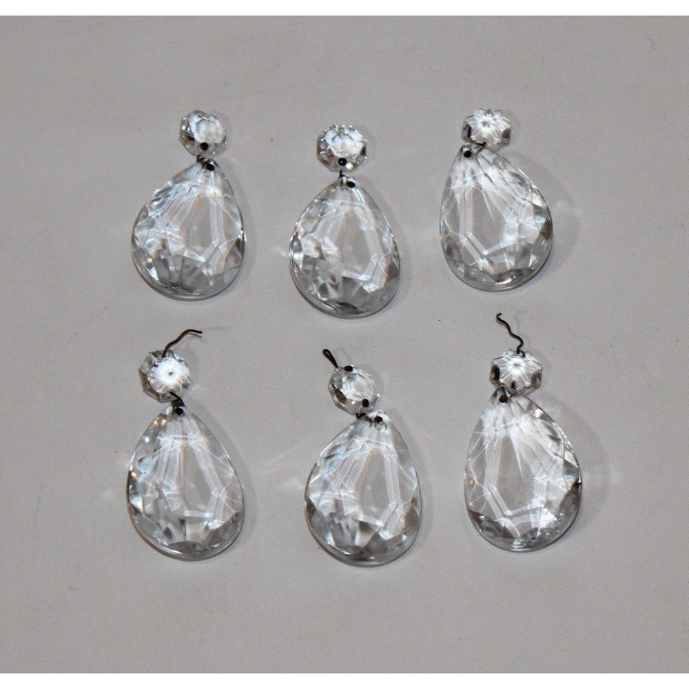 lot of 6 vintage chandelier prisms clear glass teardrop pear faceted 2-piece